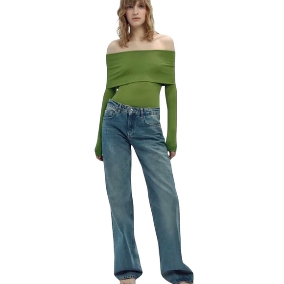 ZARA Bodysuit Long Sleeve Foldover Top Bright Olive Green Silky Smooth Stretch - Picture 4 of 15